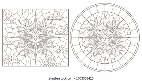 Set contour illustrations of stained glass sun with face, round and square image, dark outline on a white background , isolate