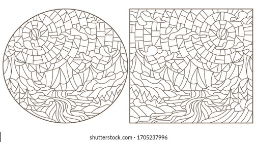 Set contour illustrations of stained glass in the stained glass style with scenery of wild nature, a mountain river , a dark outline on a white background