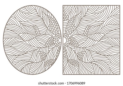 Set of contour illustrations of stained glass Windows with abstract flowers, oval  and square images, dark outlines on white background