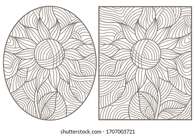 Set of contour illustrations of stained glass Windows with abstract flowers, round images and square, dark outlines on white background