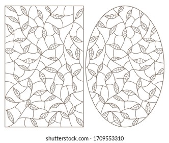 Set contour illustrations of stained glass with branches and leaves, dark contours on a white background