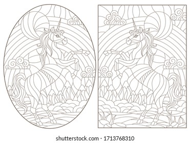 Set of contour illustrations of stained glass Windows with cartoon unicorns on the background of landscapes and sky, dark contours on a white background