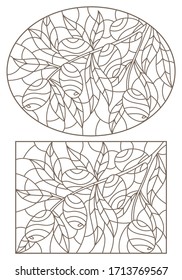 Set of contour illustrations of stained glass Windows with olive branches, rectangular and oval image, dark contours on a white background