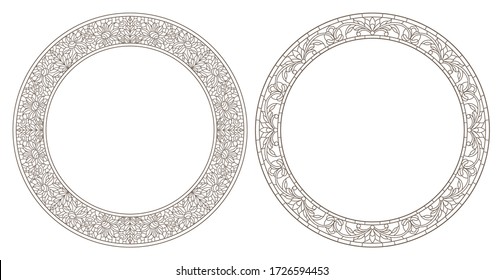 Set contour illustrations of stained glass with floral framework,dark outline on white background