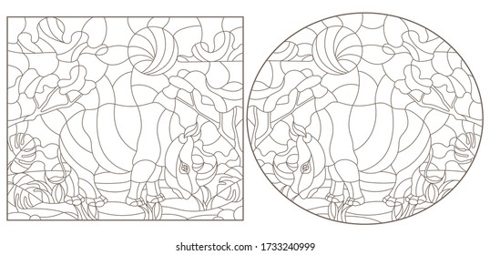 Set of contour illustrations of stained glass Windows with rhinos, dark contours on a white background