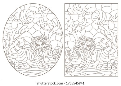 Set of contour illustrations of stained glass Windows with lions, dark contours on a white background