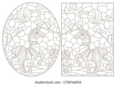 Set of contour illustrations of stained glass Windows with Zebras , dark contours on a white background