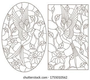 Set of contour illustrations of stained glass Windows with swallows against the sky and trees, dark outlines on a white background