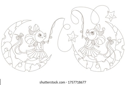 Set of contour illustrations in stained glass style with cute cartoon mice on the moon, isolated figures on a white background