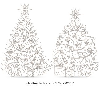 Set of contour illustrations in stained glass style with Christmas trees and gifts, figures isolated on a white background