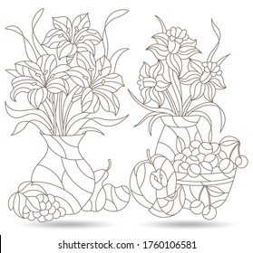 A set of contour illustrations of stained glass Windows with still lifes, fruits and flowers in vases, dark outlines on a white background