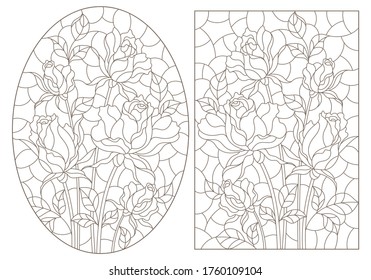 A set of contour illustrations of stained glass Windows with rosees in frames, dark contours on a white background, oval and rectangular image