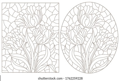 A set of contour illustrations of stained glass Windows with Tulips in frames, dark contours on a white background, oval and rectangular image