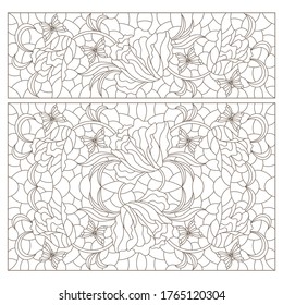 Set of contour illustrations of stained glass Windows with intertwined tulips, dark outlines on a white background