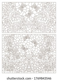 Set of contour illustrations of stained glass Windows with roses and butterflies, dark outlines on a white background