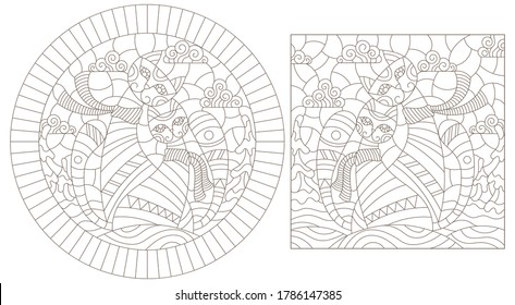 Set of contour illustrations of stained glass Windows with a pair of cats against a winter landscape, dark outlines on a white background