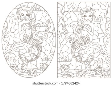 Set of contour illustrations of stained glass Windows with mermaids, dark contours on a white background