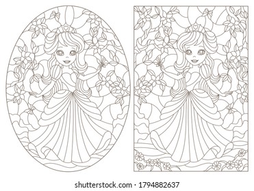 Set of contour illustrations of stained glass with princesses on a background of flowers, dark contours on a white background