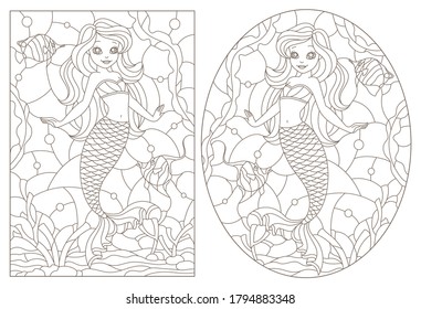 Set of contour illustrations of stained glass Windows with mermaids, dark contours on a white background