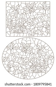 Set of contour illustrations of stained glass Windows with intertwined roses, dark outlines on a white background
