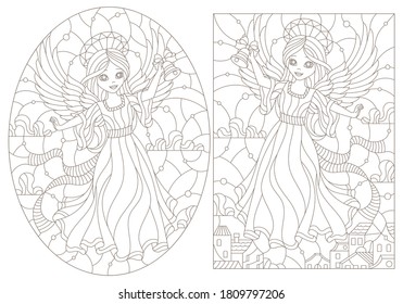Set of contour illustrations of stained glass Windows on the theme of winter holidayswith and angel girls, dark outlines on a white background