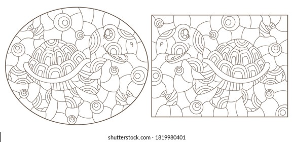 Set of contour illustrations of stained glass Windows with funny cartoon turtles, dark outlines on a white background