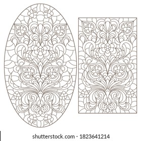 Set contour illustrations of stained glass with abstract swirls and flowers , vertical orientation, dark contours on a white background