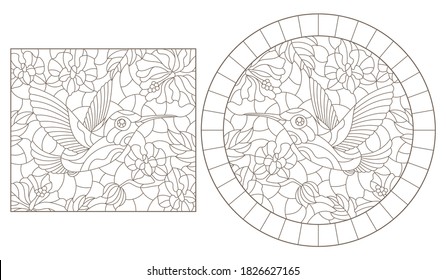 Set of contour illustrations of stained glass Windows with Hummingbird birds and flowers, dark outlines on a white background
