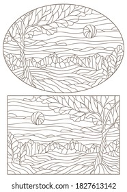 Set of contour illustrations of stained glass Windows with landscapes, dark outlines on a white background, horizontal orientation