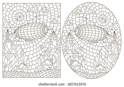 Set of contour illustrations in stained glass style with balloons flying over the city against the cloudy sky and the sun, dark contours on a white background