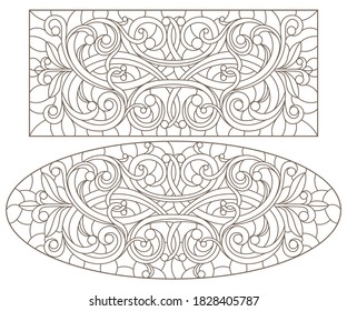 Set contour illustrations of stained glass with abstract swirls and flowers , horizontal orientation, dark contours on a white background