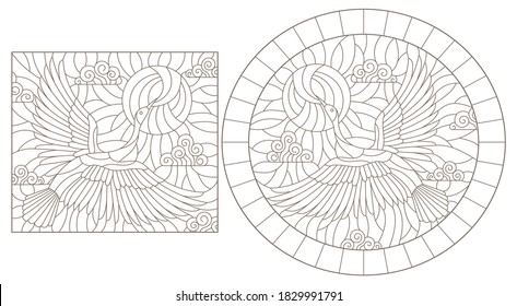 Set of contour illustrations of stained glass Windows with swans against the sky, dark outlines on a white background