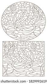 Set of contour illustrations of stained glass Windows with dolphins on the background of the sky and ocean, dark contours on a white background