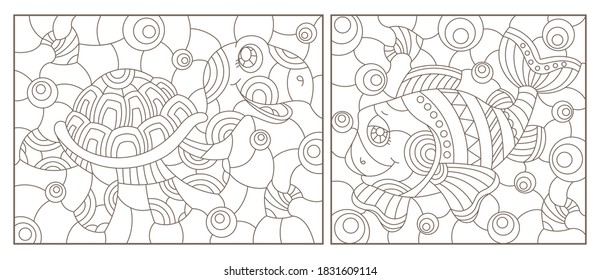 Set of contour illustrations of stained glass Windows with cartoon funny fish and turtle , dark outlines on a white background