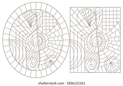 Set of contour illustrations of stained glass Windows with treble keys, oval and rectangular images ,dark contours on a white background