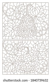 Set of contour illustrations of stained glass Windows on the theme of Halloween with pumpkins , dark contours on a white background
