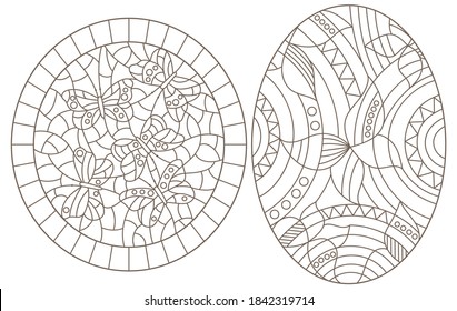 Set of contour illustrations in stained glass style with abstract butterflies, dark outlines on a white background, oval images