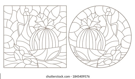 Set of contour illustrations of stained glass Windows with still lifes, a jug and a cut watermelon, dark outlines on a white background