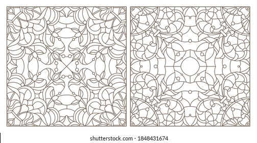 Set contour illustrations of stained glass with abstract swirls and flowers , square image, dark outlines on a white background