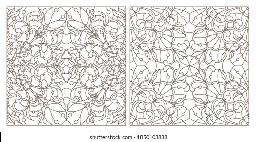 Set contour illustrations of stained glass with abstract swirls and flowers , square image, dark outlines on a white background