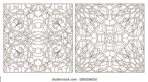Set contour illustrations of stained glass with abstract swirls and flowers , square image, dark outlines on a white background