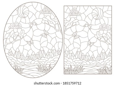 Set of contour illustrations in stained glass style with landscapes, summer views with mountains, meadows and sky, dark outlines on a white background
