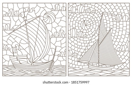 A set of contour illustrations of stained glass Windows with old sailing ships, dark contours on a white background, rectangular images