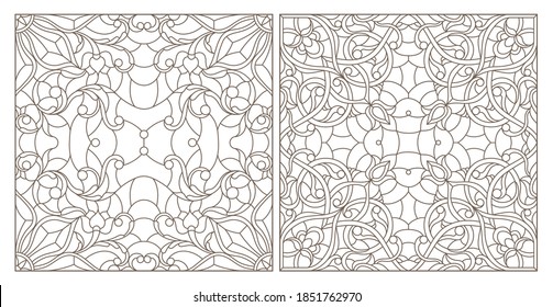 Set contour illustrations of stained glass with abstract swirls and flowers , square image, dark outlines on a white background