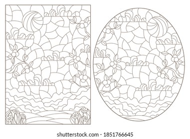 Set of contour illustrations of stained glass Windows with summer landscapes, dark outlines on a white background