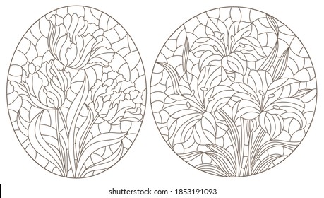 A set of contour illustrations of stained glass Windows with Tulips and lilies, dark contours on a white background, oval images