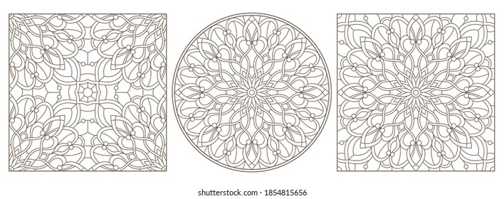 Establecer ilustraciones de contorno de vidrios manchados con flores y giros abstractos, contornos oscuros sobre un fondo blanco