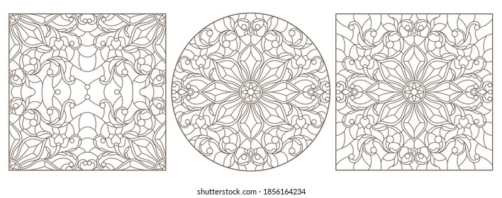 Set contour illustrations of stained glass with abstract swirls and flowers , dark outlines on a white background