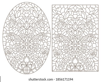 Set contour illustrations of stained glass with abstract swirls and flowers , dark outlines on a white background