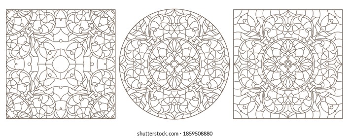 Set contour illustrations of stained glass with abstract swirls and flowers , dark outlines on a white background